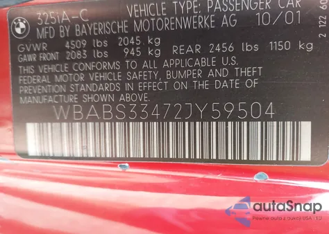 2002 BMW 325Ci from USA, damaged, VIN WBABS33472JY59504